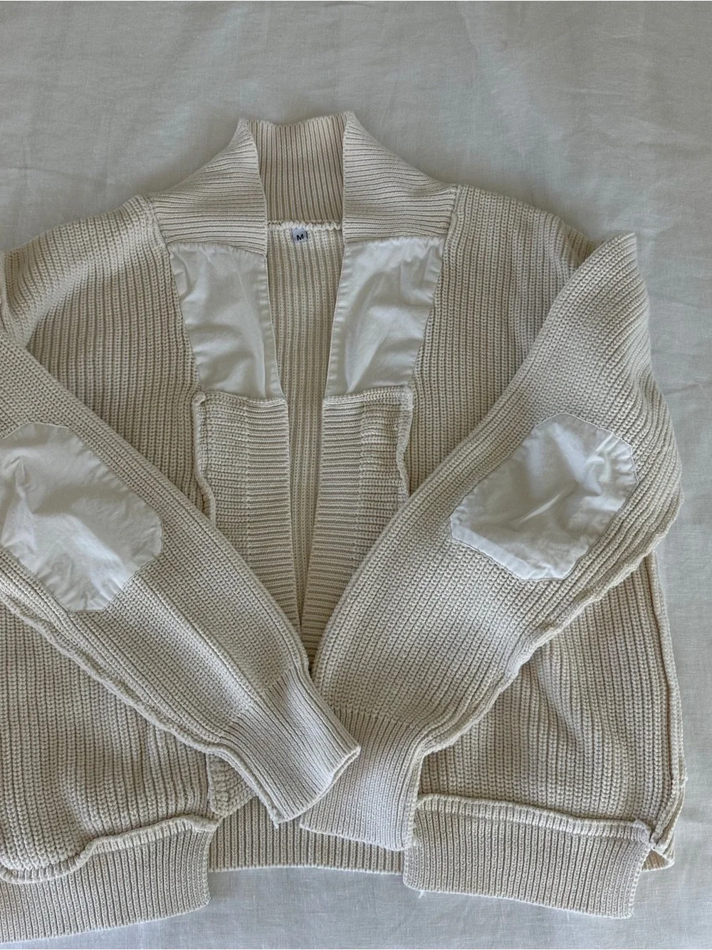 Off-white Open-Front Ribbed Knit Women's Cardigan Sweater with Elbow Patches - Picture 4 of 6